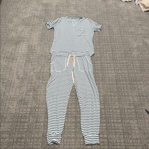 Striped women’s  Pajama Set - cream and blue